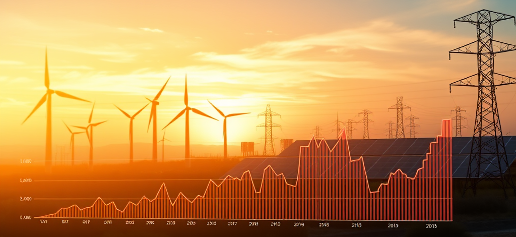 A wind farm during a sunset, with an analytical graph superimposed in front of the image