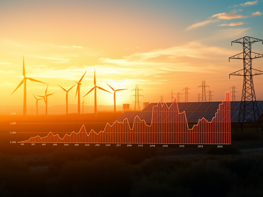 A wind farm during a sunset, with an analytical graph superimposed in front of the image