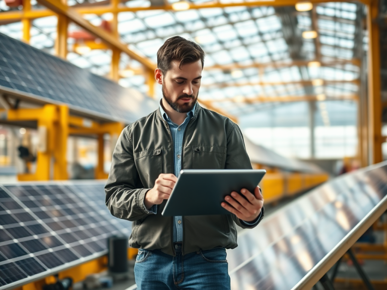 An energy analyst surveying a solar panel manufacturing plant