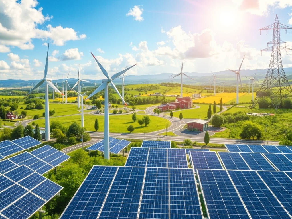 wind turbines and solar panels set in a green space in the UK